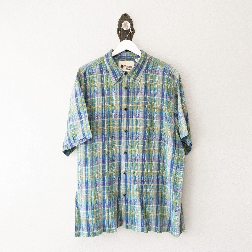 Vintage Linen Mens XL Plaid Short Sleeve Button Up Shirt 100% Linen Blue Green